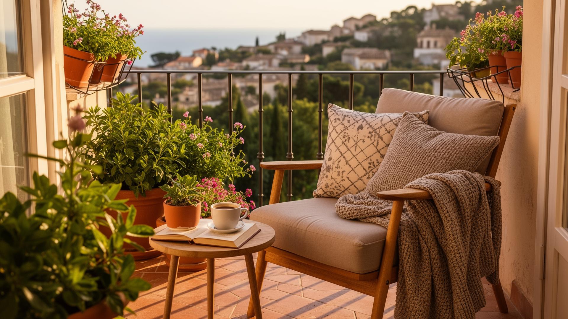 A small balcony arranged as a calm coffee corner